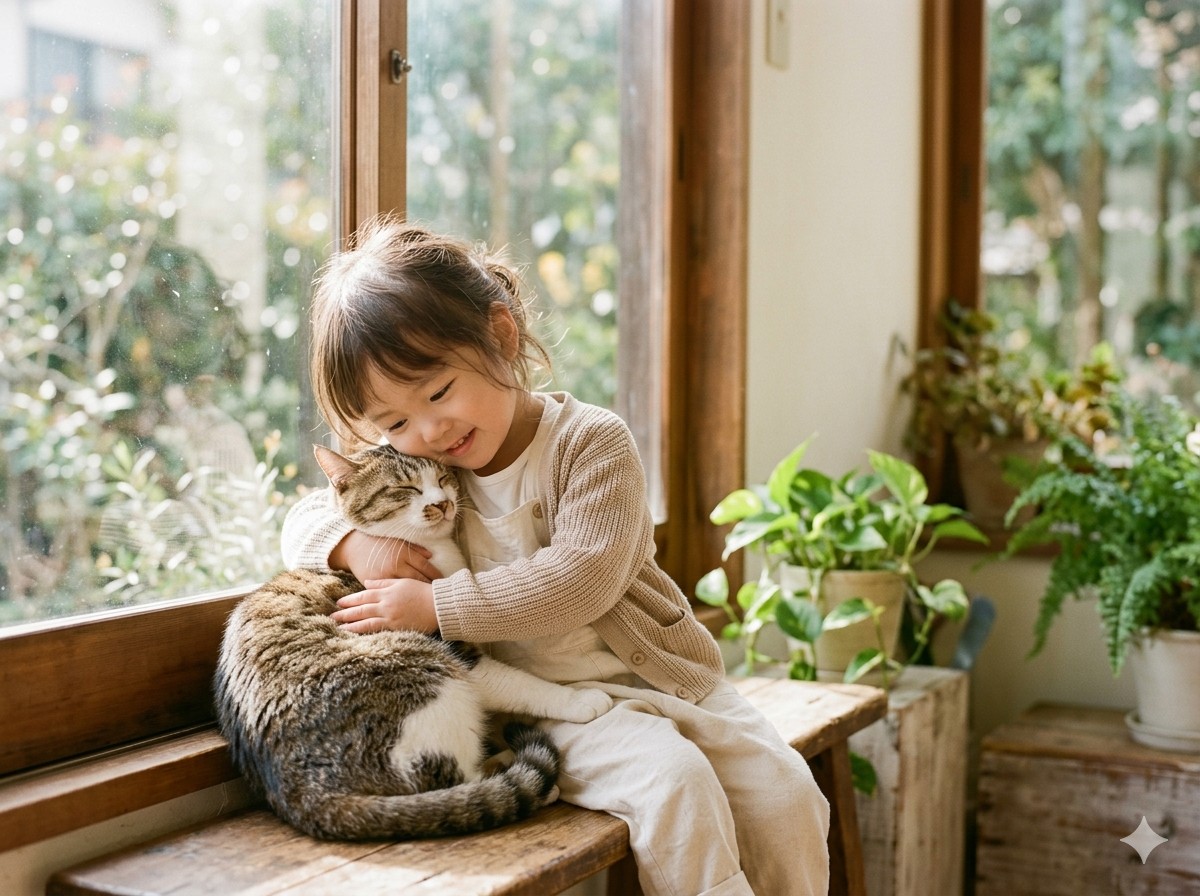 猫を優しく抱きしめる子どもの様子